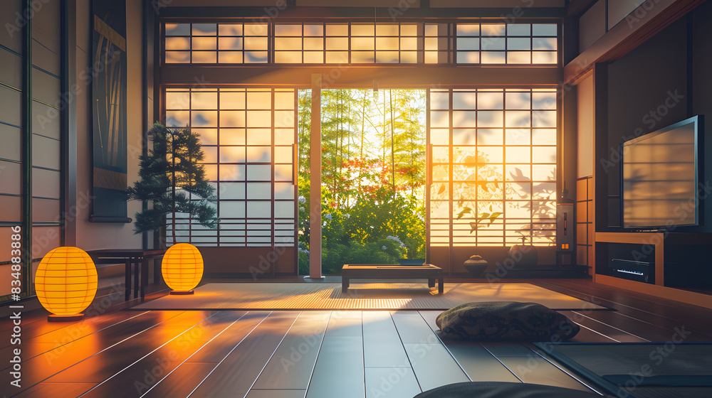 Japanese interior design of modern living room, home. Japanese interior design of modern living room, home.