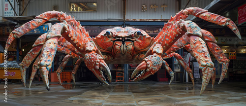 Giant crab sticks sculpture at the entrance of a sidewalk market photo