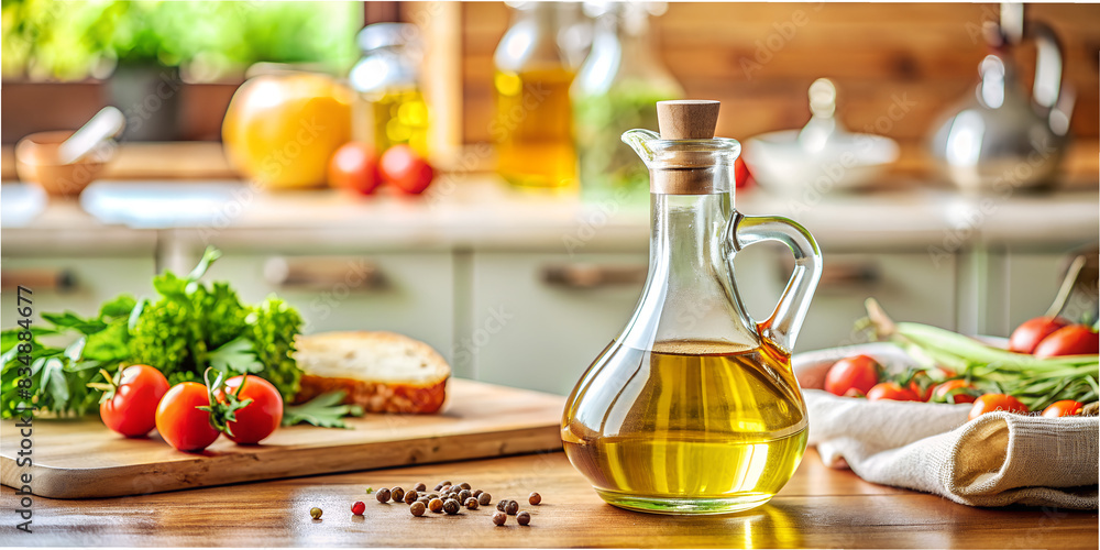 Olive oil in a glass bottle on the table in the kitchen, with spices macro Olive oil in a glass bottle on the table in the kitchen, with spices macro