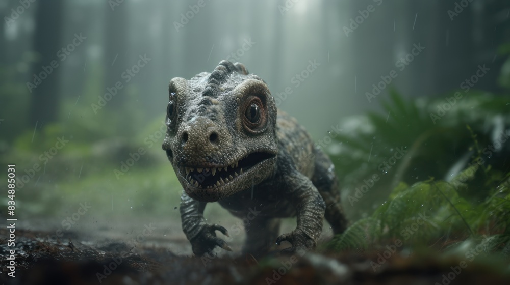 Obraz premium Cute baby dinosaur in prehistoric forest. Photorealistic.