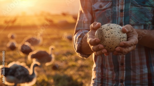 a man holds an ostrich egg in his hands. Selective focus