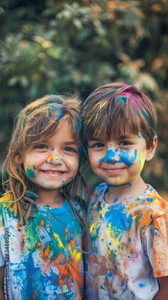 Joyous Children Celebrating with Colorful Faces Joyous Children Celebrating with Colorful Faces