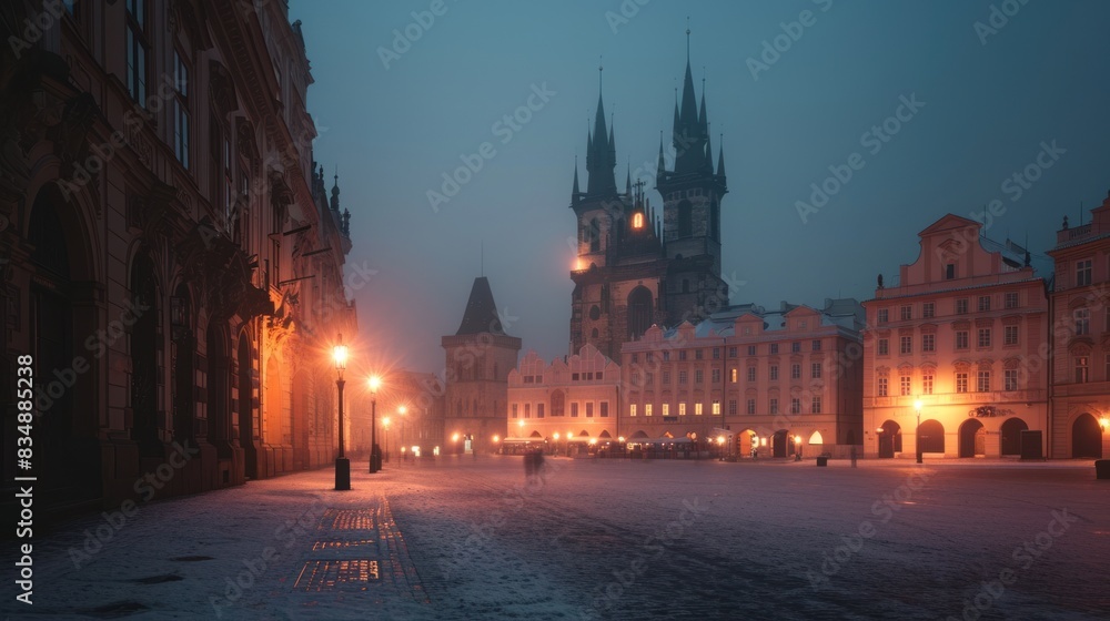 Beautiful historical buildings in winter with snow and fog in Prague city in Czech Republic in Europe. Beautiful historical buildings in winter with snow and fog in Prague city in Czech Republic in Europe.