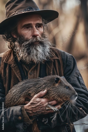 a male farmer holds a nutria in his hands. Selective focus photo