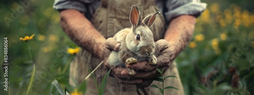 a male farmer holds a rabbit in his hands. Selective focus © Anna