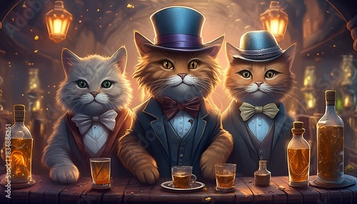 夜のバーに集うダンディーな猫男爵 photo