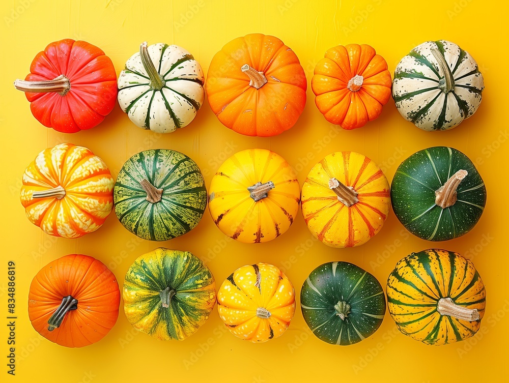 Assortment of pumpkins arranged in rows on yellow background. Variety of colours and patterns, creating lively and festive scene Assortment of pumpkins arranged in rows on yellow background. Variety of colours and patterns, creating lively and festive scene