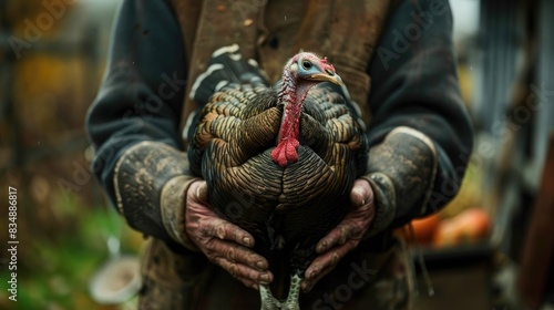 a male farmer holds a turkey in his hands. Selective focus