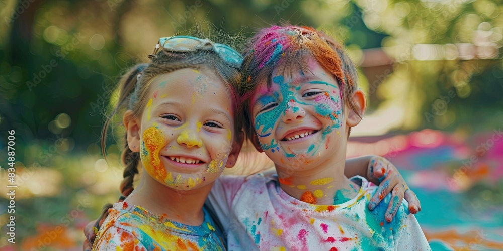 Joyous Children Celebrating with Colorful Faces Joyous Children Celebrating with Colorful Faces