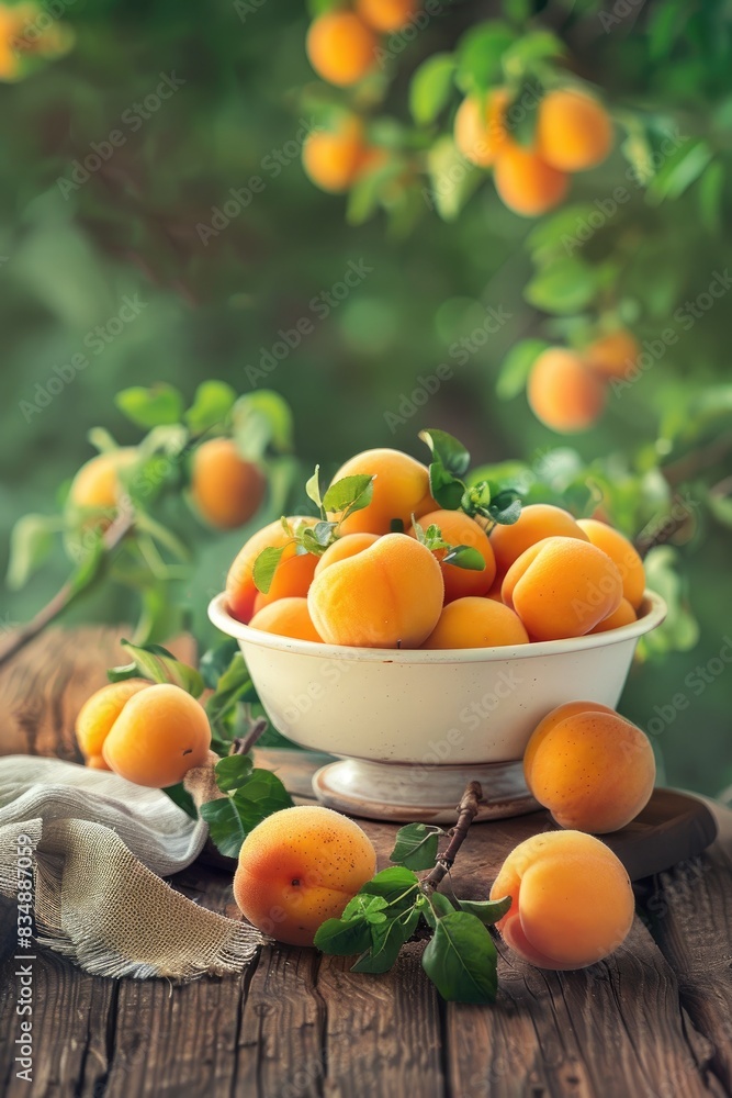 Apricots in a white bowl on a wooden table, nature background. Selective focus Apricots in a white bowl on a wooden table, nature background. Selective focus