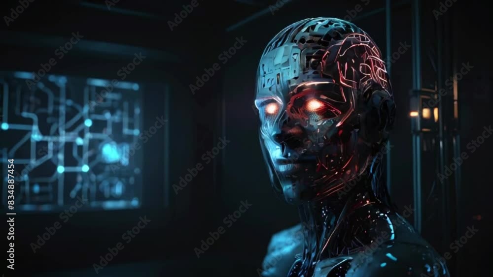 The image is of a robot with glowing red eyes and a screen with a circuit board pattern in the background The image is of a robot with glowing red eyes and a screen with a circuit board pattern in the background
