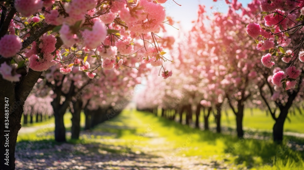 Naklejka premium Blossoming Pink Cherry Trees Lining A Pathway In The Warm Spring Sunshine. Generative AI