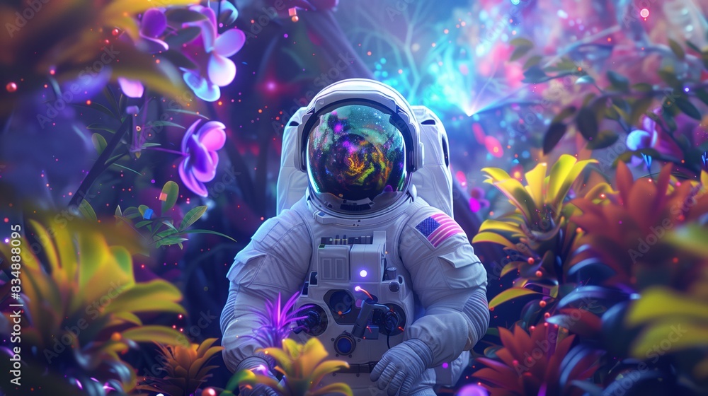 Astronaut inside futuristic vibrant garden. Space journey exploration concept. Generative AI illustration. Astronaut inside futuristic vibrant garden. Space journey exploration concept. Generative AI illustration.