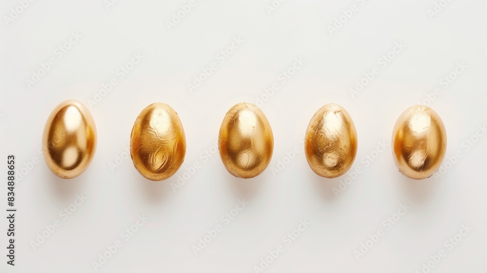 Easter golden decorated eggs stand in a row on white background. Minimal easter concept. Happy Easter card with copy space for text. Top view, flatlay Easter golden decorated eggs stand in a row on white background. Minimal easter concept. Happy Easter card with copy space for text. Top view, flatlay