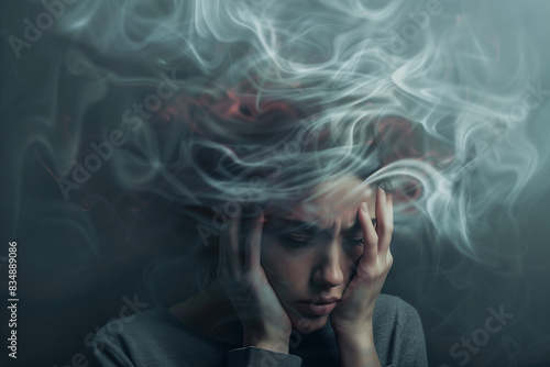 Woman Holding Head with Swirling Smoke Representing Mental Stress