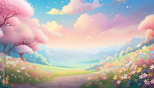 Cherry blossoms tree and pastel flowers meadow path dreamy pink clouds background illustration photo