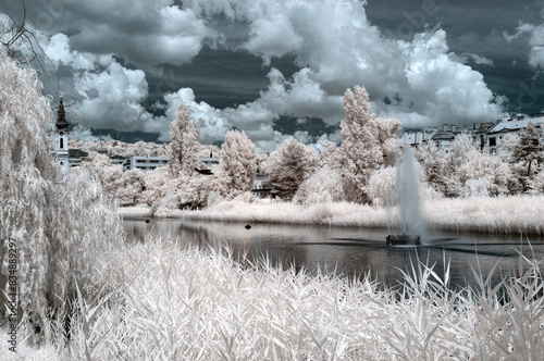 Infrared dreamy landscape with Bottomless lake (Feneketlen to) in Budapest