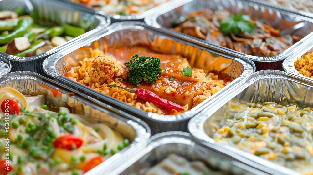 A collection of various healthy meal containers in aluminum foil boxes, arranged neatly on top of each other The containers include different types of dishes A collection of various healthy meal containers in aluminum foil boxes, arranged neatly on top of each other The containers include different types of dishes