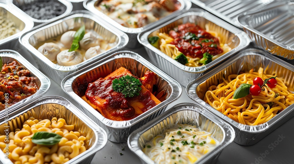 A collection of various healthy meal containers in aluminum foil boxes, arranged neatly on top of each other The containers include different types of dishes A collection of various healthy meal containers in aluminum foil boxes, arranged neatly on top of each other The containers include different types of dishes