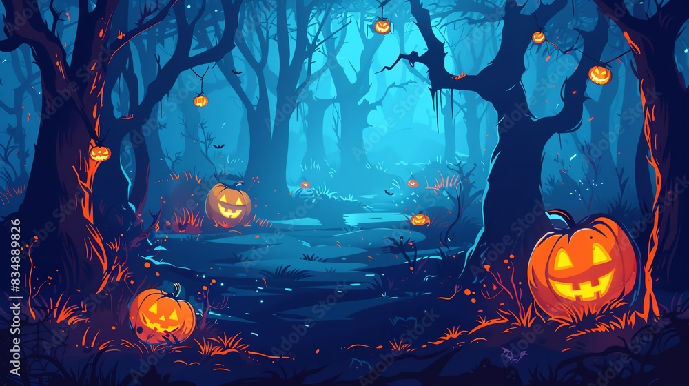 Background for Halloween Dark mysterious forest with pumpkins on a spooky night Background for Halloween Dark mysterious forest with pumpkins on a spooky night