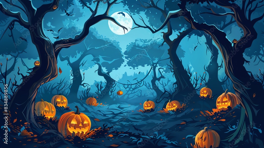 Background for Halloween Dark mysterious forest with pumpkins on a spooky night Background for Halloween Dark mysterious forest with pumpkins on a spooky night