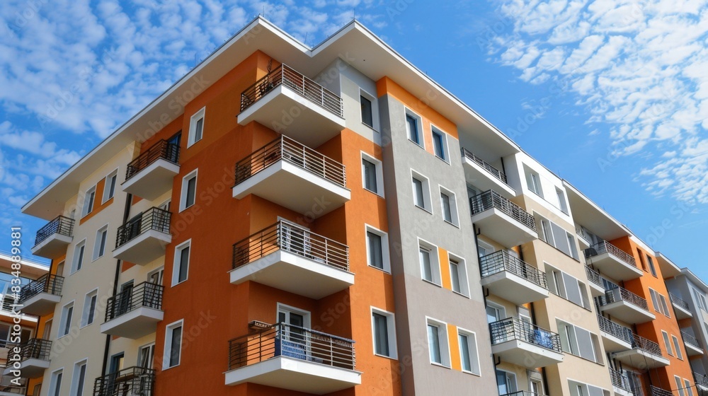 Modern Residential Building with Spacious Balconies Under Blue Sky Modern Residential Building with Spacious Balconies Under Blue Sky