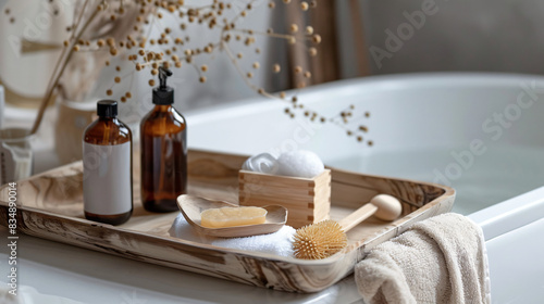 Bath tray with natural face roller and cosmetic products