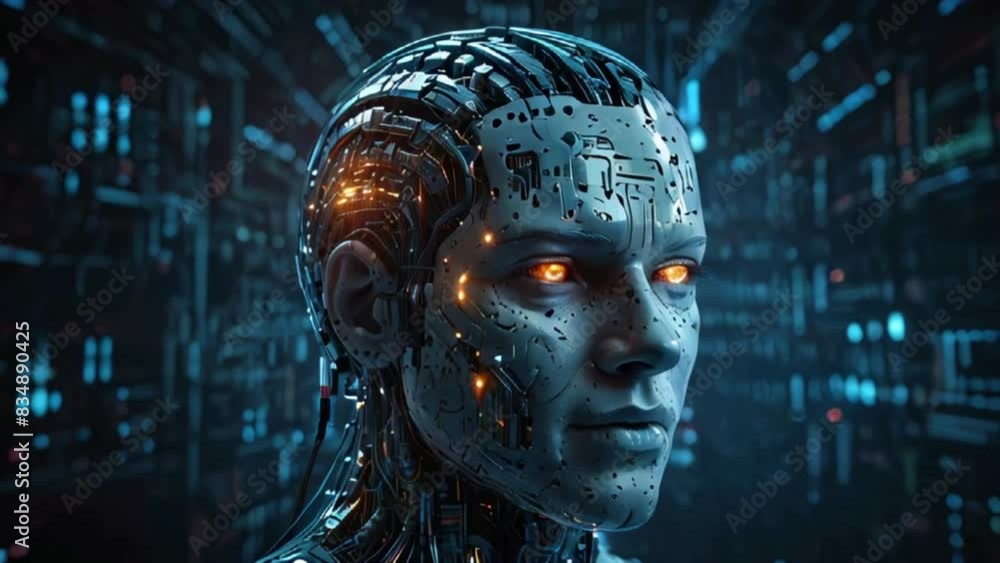 The video depicts a digital composite of a human-like face with glowing eyes and circuitry embedded in its skin. The video depicts a digital composite of a human-like face with glowing eyes and circuitry embedded in its skin.