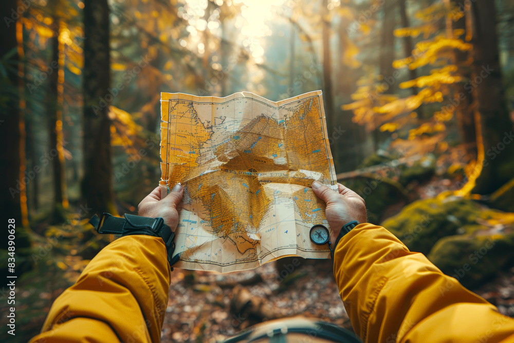 Person in yellow jacket holding a map and compass in a sunlit forest ...