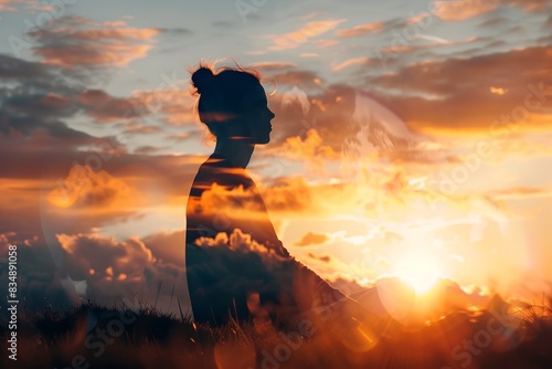 Silhouette of a person in meditation with a stunning double exposure effect of a vibrant sunset sky and clouds, creating a serene ambiance.