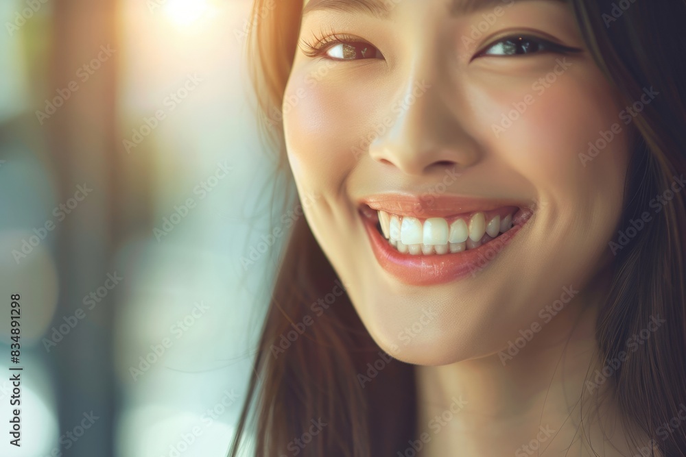 Radiant Young Woman with a Bright Smile Enjoying Sunlight Indoors Radiant Young Woman with a Bright Smile Enjoying Sunlight Indoors