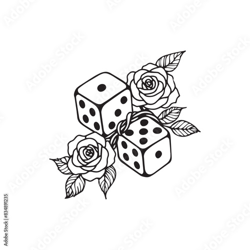 dice with rose flower tattoo illustration