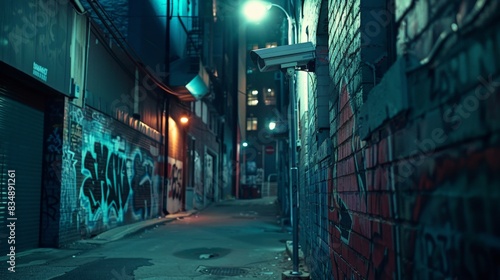 Mysterious Urban Alleyway at Night with Graffiti and Moody Lighting