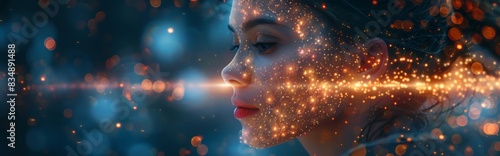 Radiant Beauty: Portrait of a Woman with Sparkling Glowing Skin Against a Bokeh Background, horizontal banner with copy space