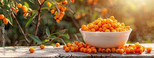 buckthorn in a white bowl on a wooden table, nature background. Selective focus photo