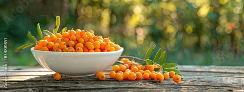 buckthorn in a white bowl on a wooden table, nature background. Selective focus photo