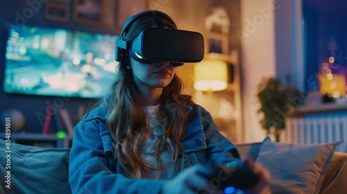 People play video games with VR headset in virtual world.