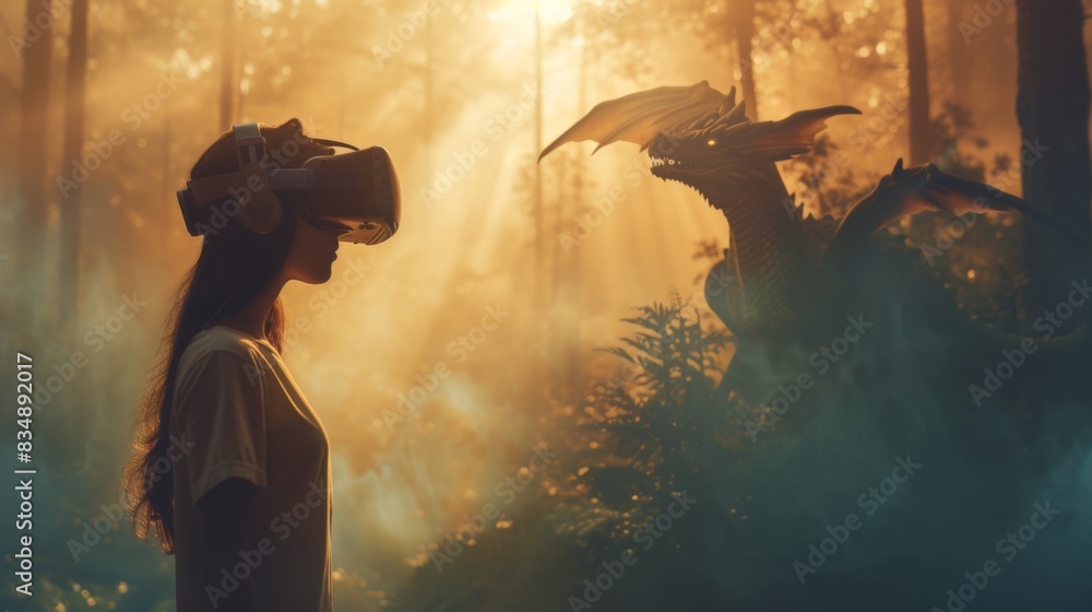 A female is in a virtual fantasy foggy forest with a dragon when wearing VR headset. A female is in a virtual fantasy foggy forest with a dragon when wearing VR headset.