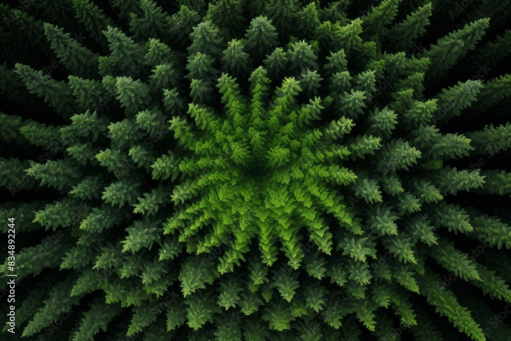Fototapeta premium Forest Vortex Fish-Eye Geometry of Sharp Green Leaves.