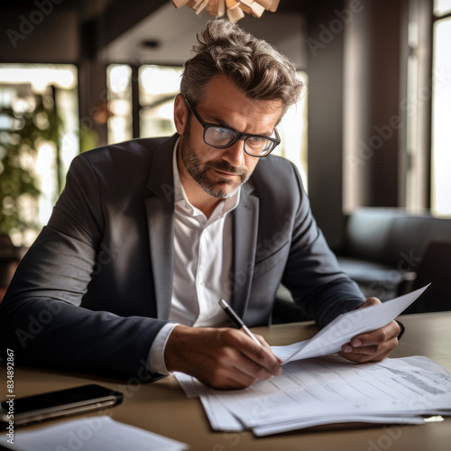 Financial Insight: Business Maestro Engaged in Document Scrutiny