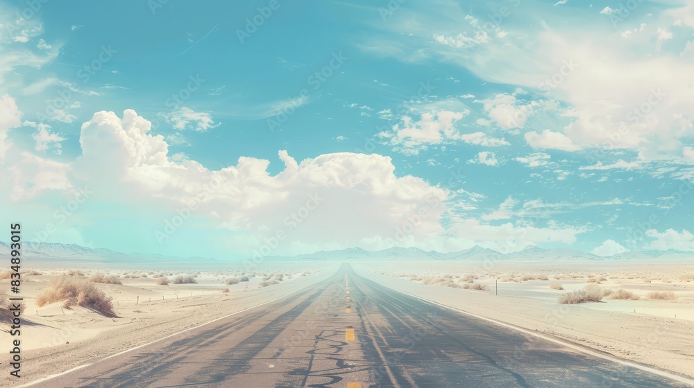 A deserted desert highway stretching into the distance, with mirages forming on the horizon and a vast expanse of sand on either side 