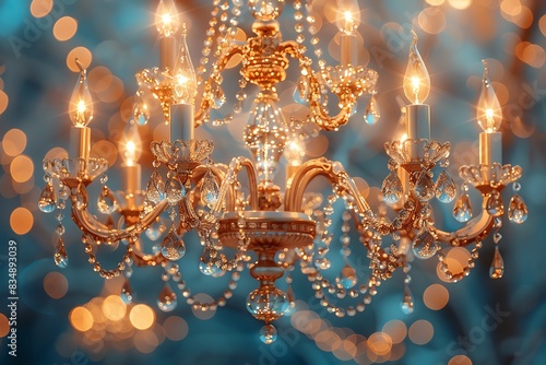 Elegant crystal chandelier with lit candles against a blue background. © Pukkaraphong