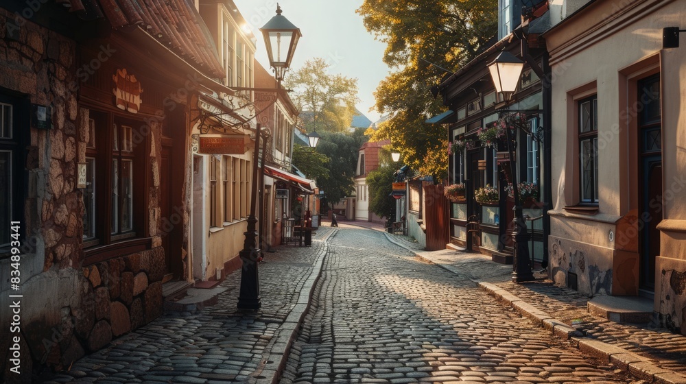 Fototapeta premium A historic cobblestone street in a charming old town, with quaint buildings, street lamps, and a nostalgic feel 