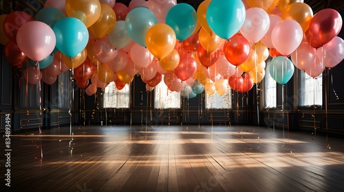 Indoor party room with colorful balloons and streamers, ready for celebration