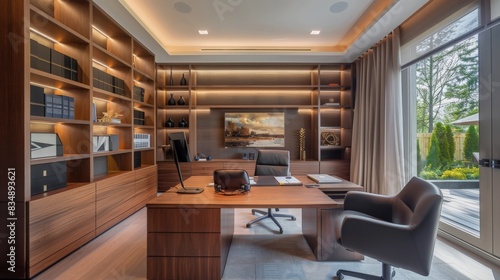 Wallpaper Mural A home office with sleek furniture, a large desk, and built-in shelving, designed for productivity and modern aesthetics  Torontodigital.ca