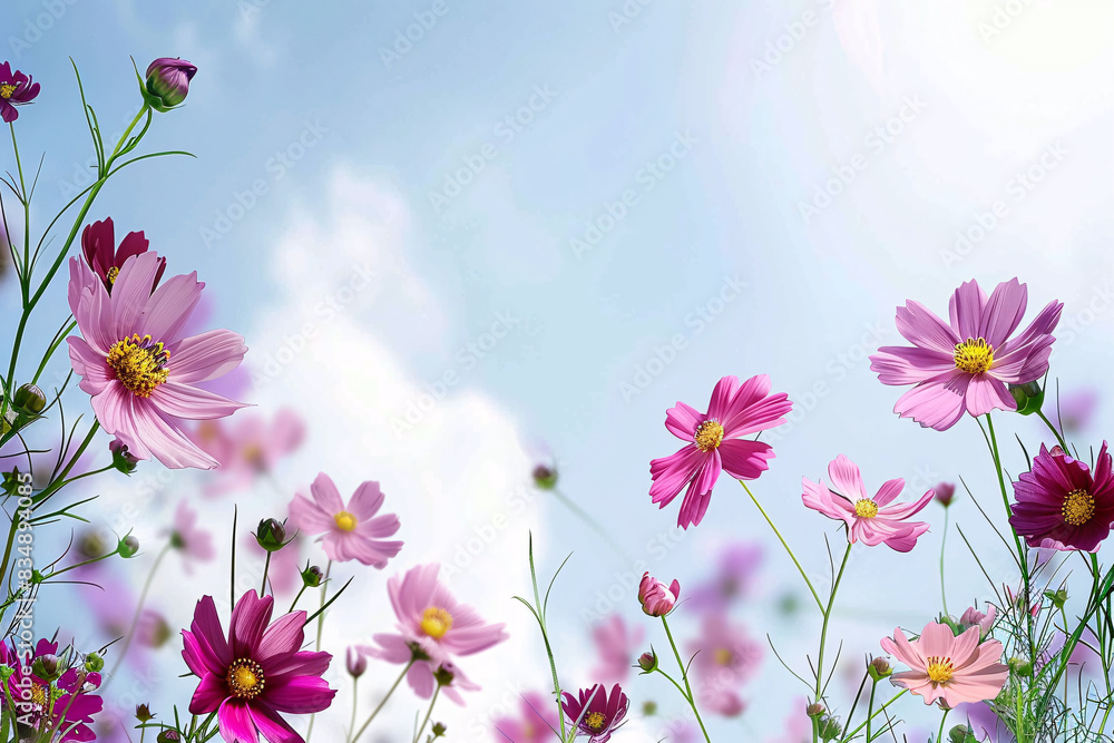 Vibrant pink flowers with butterflies against a clear blue sky Vibrant pink flowers with butterflies against a clear blue sky