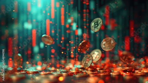 A striking visual representation of financial growth, with dollar coins and bonds depicted flying against a backdrop of rising and flat graphs and stocks