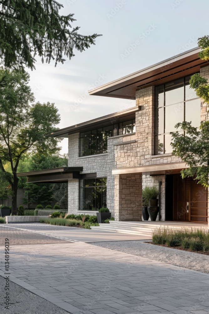A modern exterior of a suburban home with clean lines, a spacious driveway, and a mix of natural stone and stucco finishes A modern exterior of a suburban home with clean lines, a spacious driveway, and a mix of natural stone and stucco finishes
