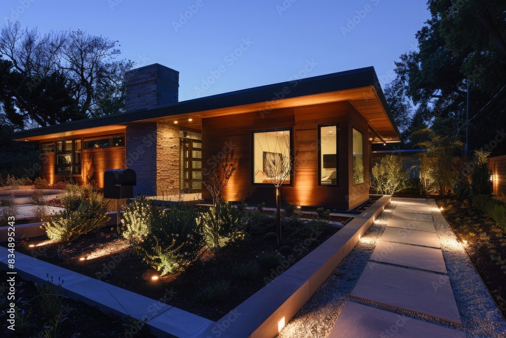 A modern home exterior at night, with strategically placed lighting highlighting the structure's sleek design and landscaped garden A modern home exterior at night, with strategically placed lighting highlighting the structure's sleek design and landscaped garden