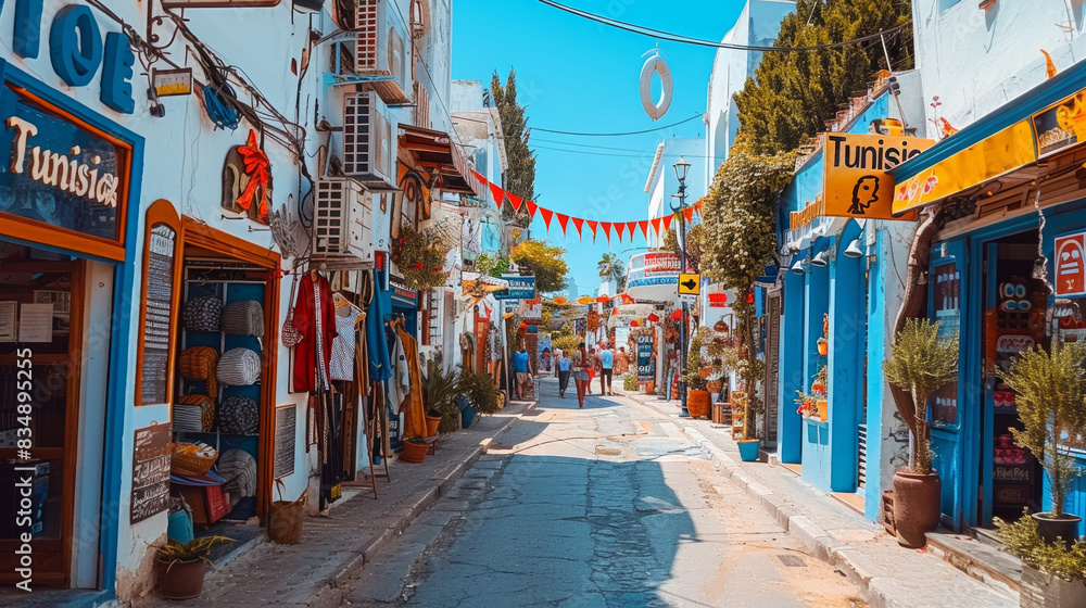 Obraz premium A vibrant street in Tunisia with blue and white buildings, shops, and festive flags under a sunny sky